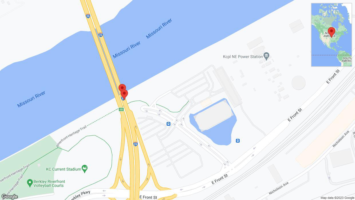 A detailed map that shows the affected road due to 'Broken down vehicle on northbound I-29/I-35 in Kansas City' on December 1st at 11:41 p.m.