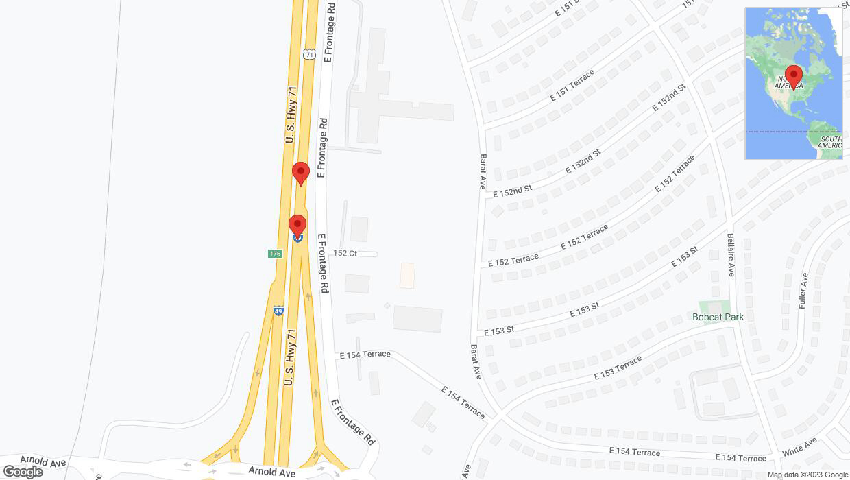 A detailed map that shows the affected road due to 'Broken down vehicle on northbound I-40/US-71 in Grandview' on December 2nd at 5:01 p.m.