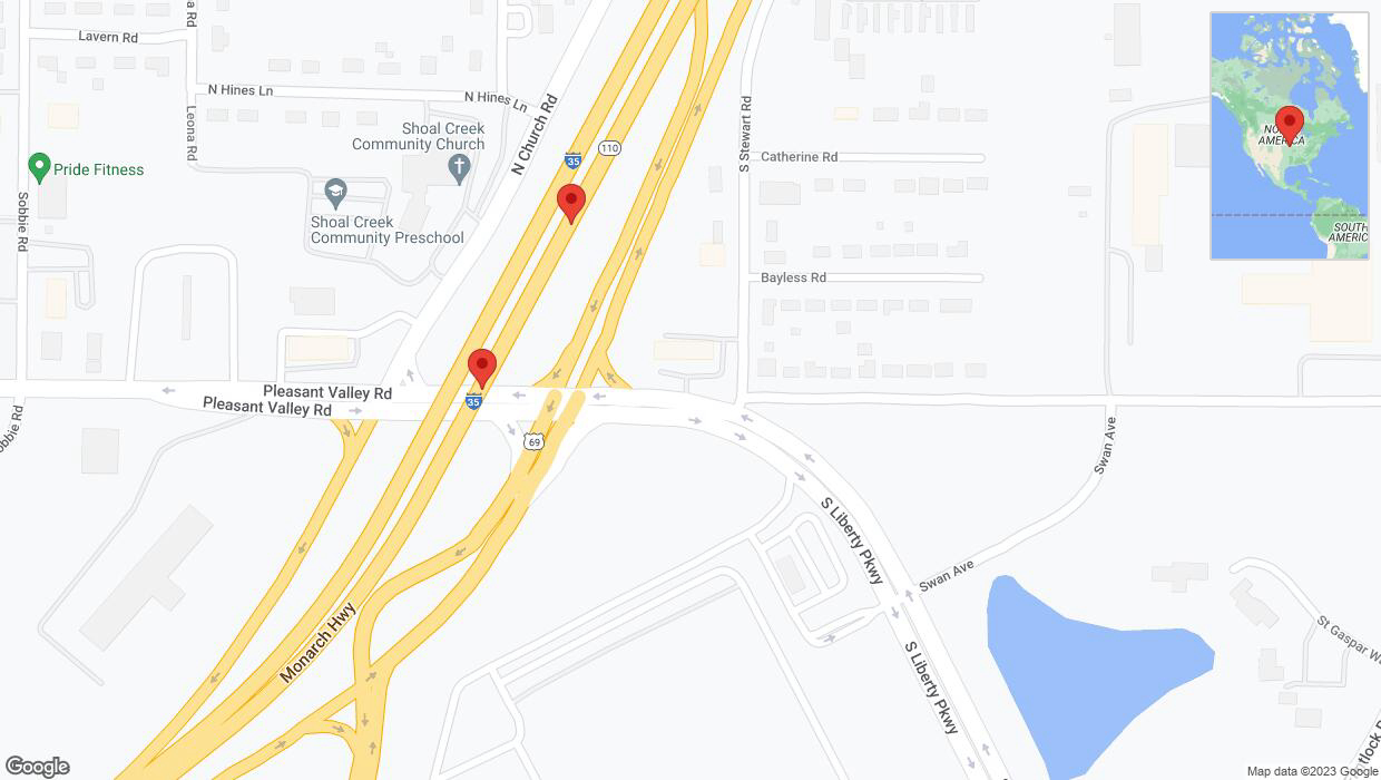 A detailed map that shows the affected road due to 'Broken down vehicle on northbound I-35 in Liberty' on December 2nd at 3:50 p.m.
