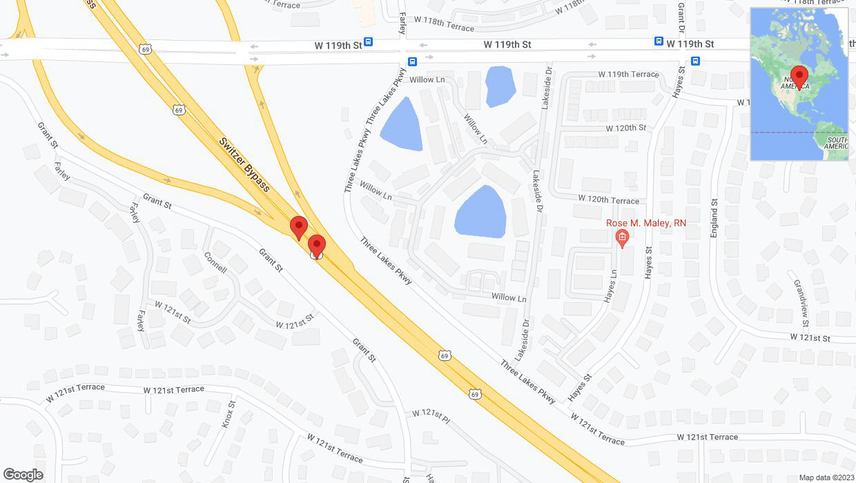 A detailed map that shows the affected road due to 'Lane on US-69 closed in Overland Park' on December 3rd at 12:47 p.m.