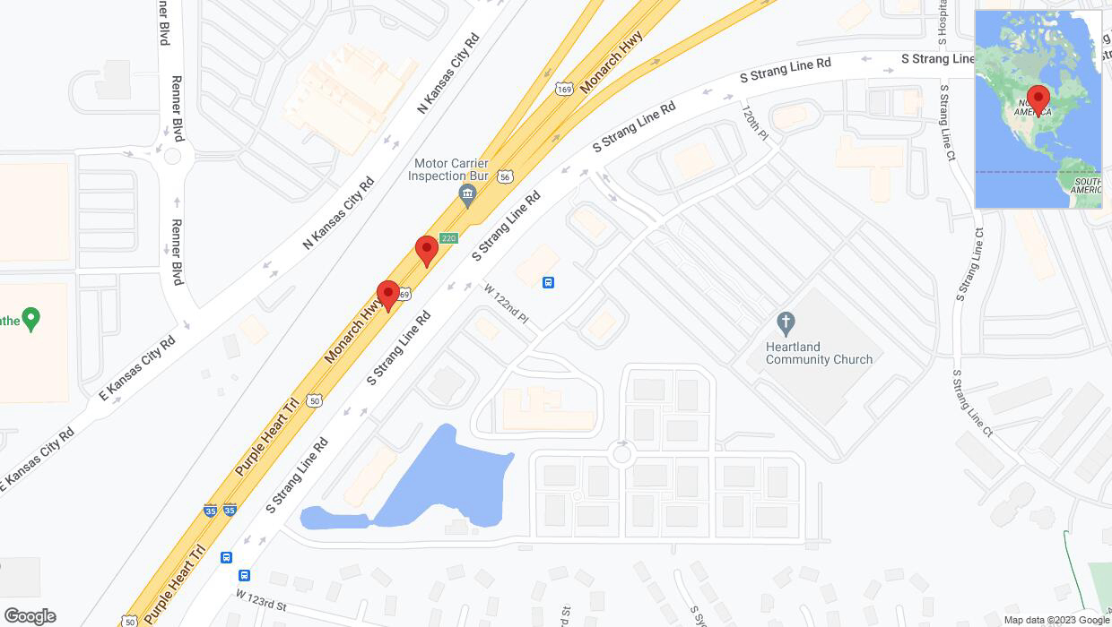 A detailed map that shows the affected road due to 'Broken down vehicle on eastbound I-35 in Olathe' on December 3rd at 1:23 p.m.