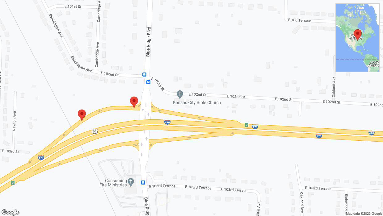 A detailed map that shows the affected road due to 'Crash reported on Blue Ridge Boulevard in Kansas City' on December 3rd at 2:21 p.m.
