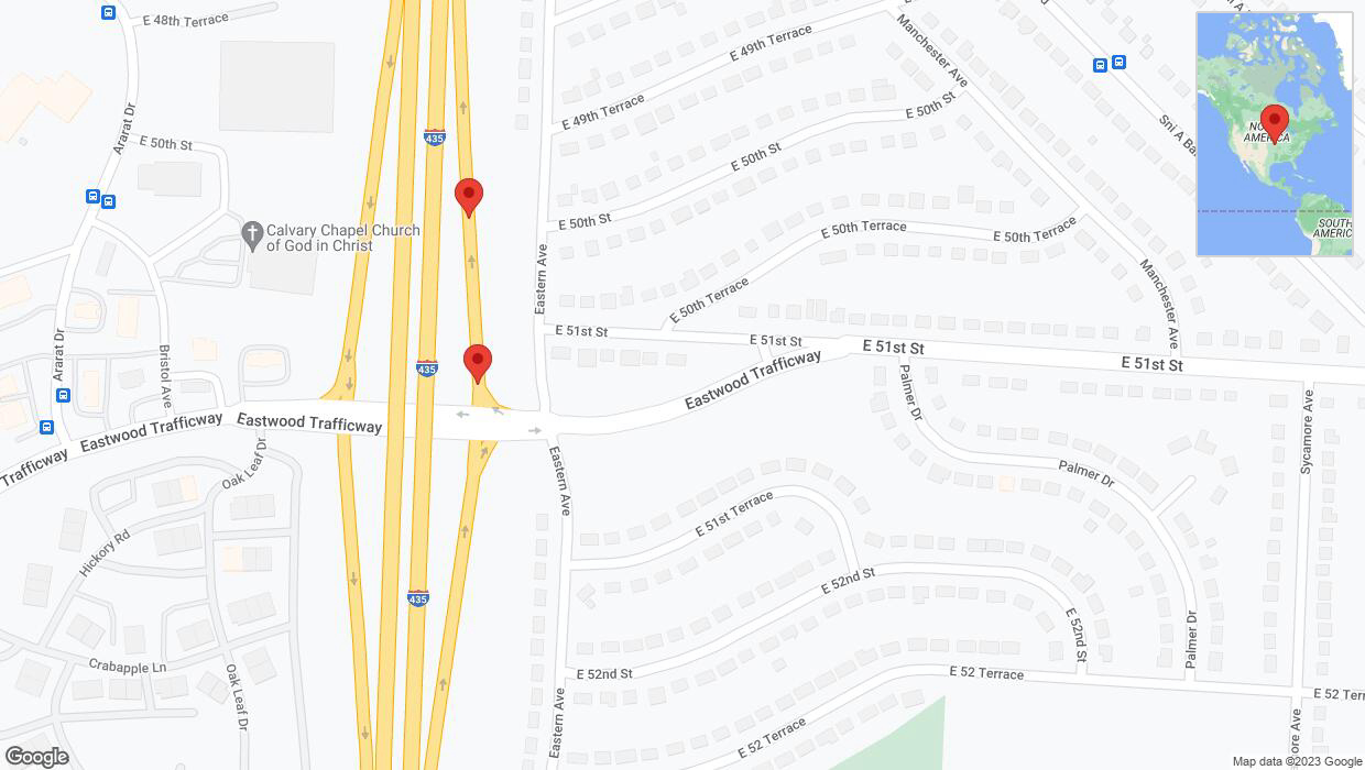 A detailed map that shows the affected road due to 'Broken down vehicle on Eastern Avenue in Kansas City' on December 4th at 2:14 p.m.