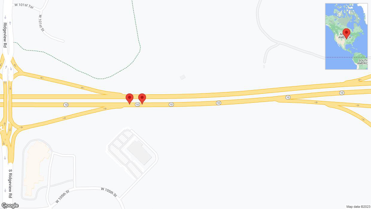 A detailed map that shows the affected road due to 'Broken down vehicle on eastbound K-10 in Olathe' on December 4th at 2:46 p.m.