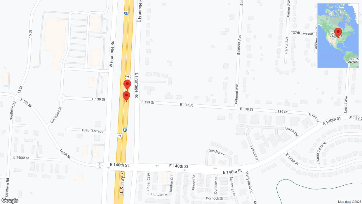 A detailed map that shows the affected road due to 'Broken down vehicle on northbound I-40/US-71 in Grandview' on December 4th at 5:53 p.m.