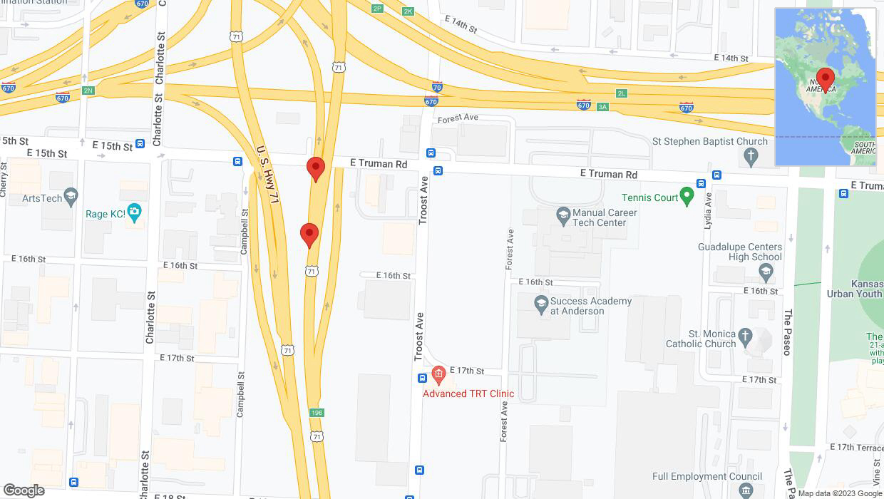 A detailed map that shows the affected road due to 'Broken down vehicle on East 16th Street in Kansas City' on December 5th at 2:55 p.m.