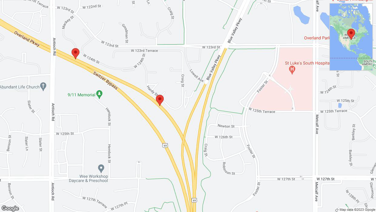 A detailed map that shows the affected road due to 'Broken down vehicle on northbound US-69 in Overland Park' on December 5th at 4:06 p.m.