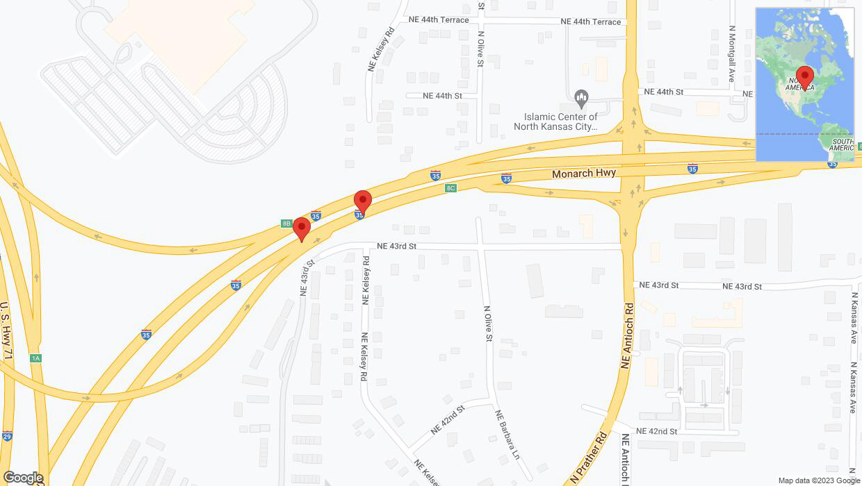 A detailed map that shows the affected road due to 'Warning in Kansas City: Crash reported on northbound I-35 North' on December 5th at 5:36 p.m.