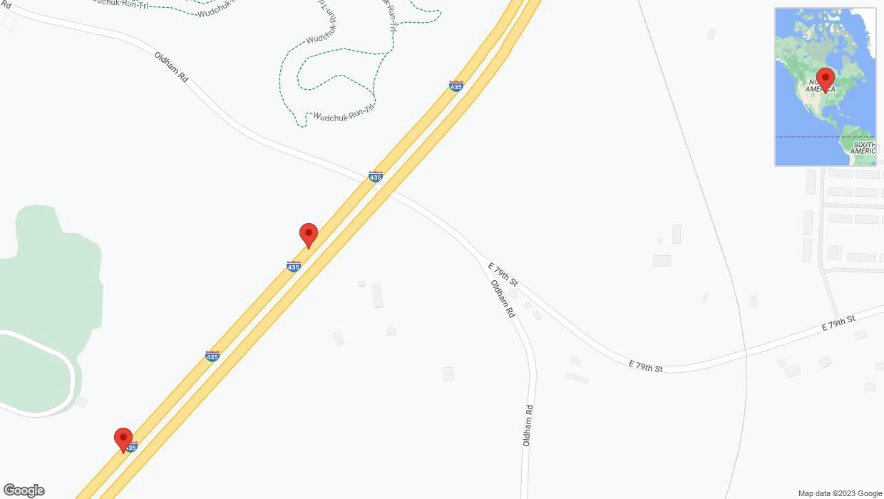 A detailed map that shows the affected road due to 'Broken down vehicle on southbound I-435 in Kansas City' on December 5th at 5:12 p.m.
