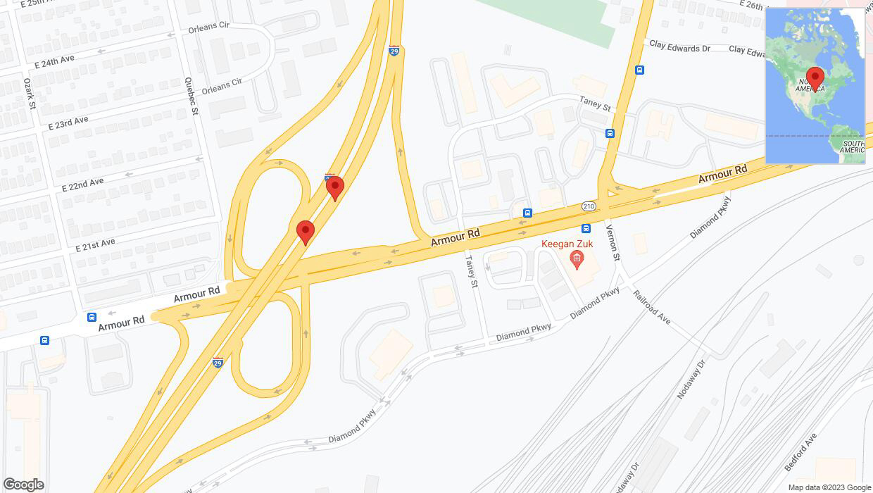 A detailed map that shows the affected road due to 'Broken down vehicle on northbound I-29/I-35 in North Kansas City' on December 6th at 4:10 p.m.