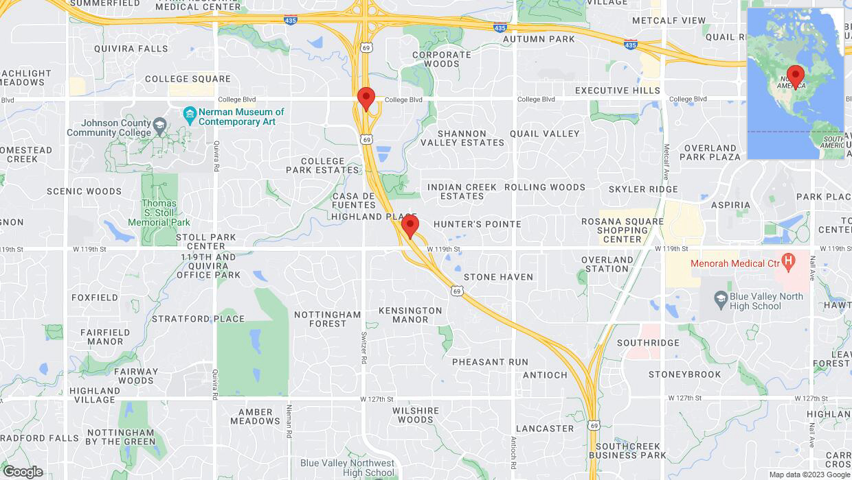 A detailed map that shows the affected road due to 'Lane on US-69 closed in Overland Park' on December 9th at 10:25 p.m.
