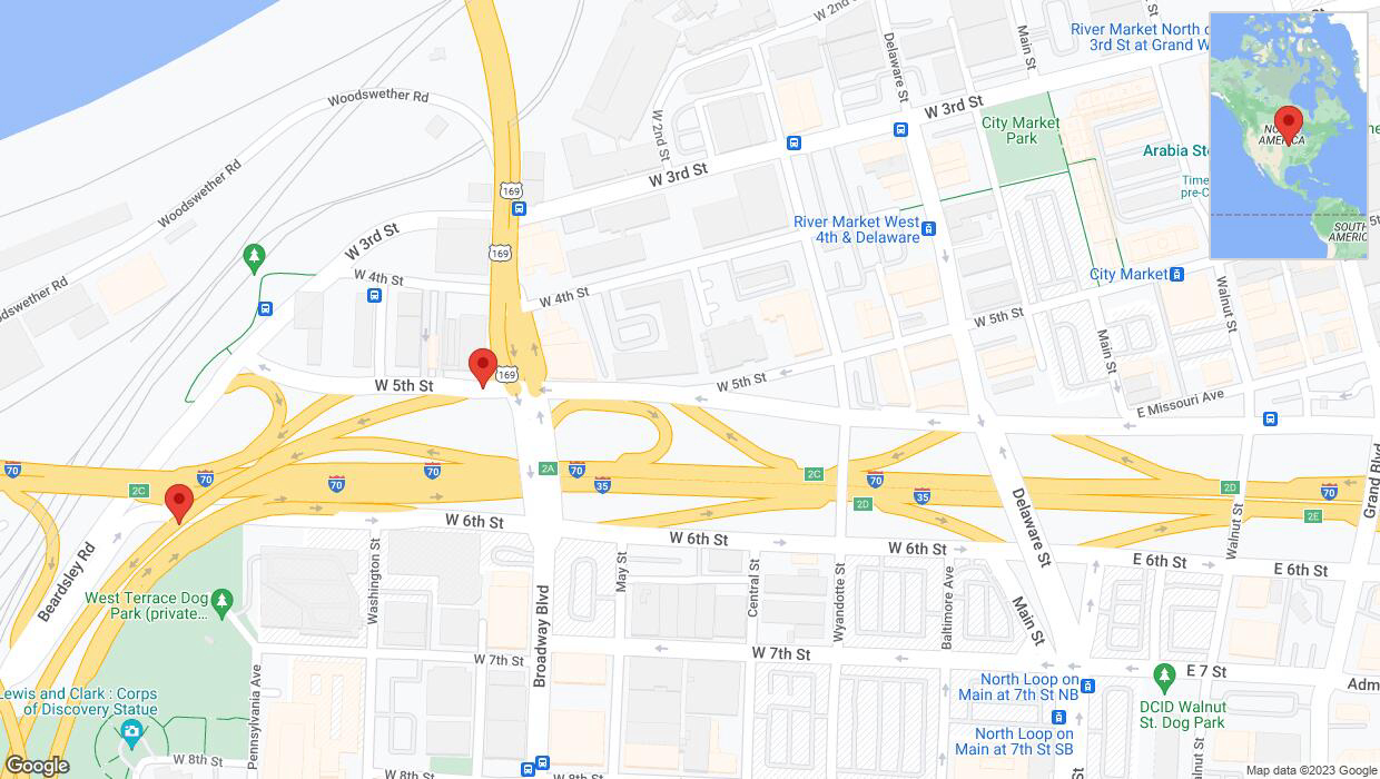 A detailed map that shows the affected road due to 'West 5th Street: bridge closed between West Fifth Southtreet / US-169 South and I-35 South' on December 5th at 7:12 p.m.