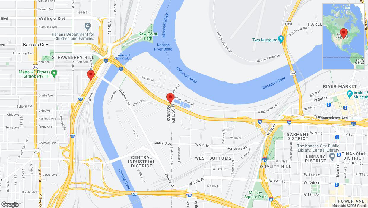 A detailed map that shows the affected road due to 'I-70: bridge closed between I-35/Beardsley Road/Exit 2 and Third Street/James St/Exit 423' on December 5th at 9:29 p.m.