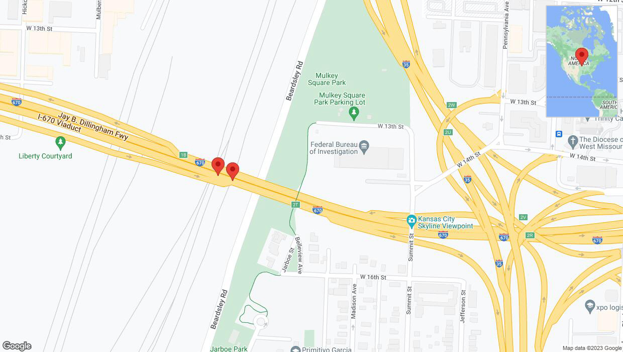 A detailed map that shows the affected road due to 'Broken down vehicle on eastbound I-670 in Kansas City' on December 5th at 10:11 p.m.