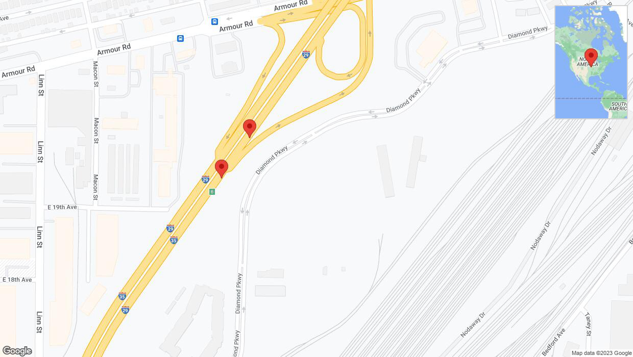 A detailed map that shows the affected road due to 'Broken down vehicle on northbound I-29/I-35 in North Kansas City' on December 6th at 1:41 p.m.