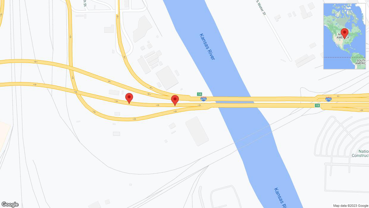 A detailed map that shows the affected road due to 'Warning in Kansas City: Crash reported on eastbound I-670' on December 6th at 3:40 p.m.