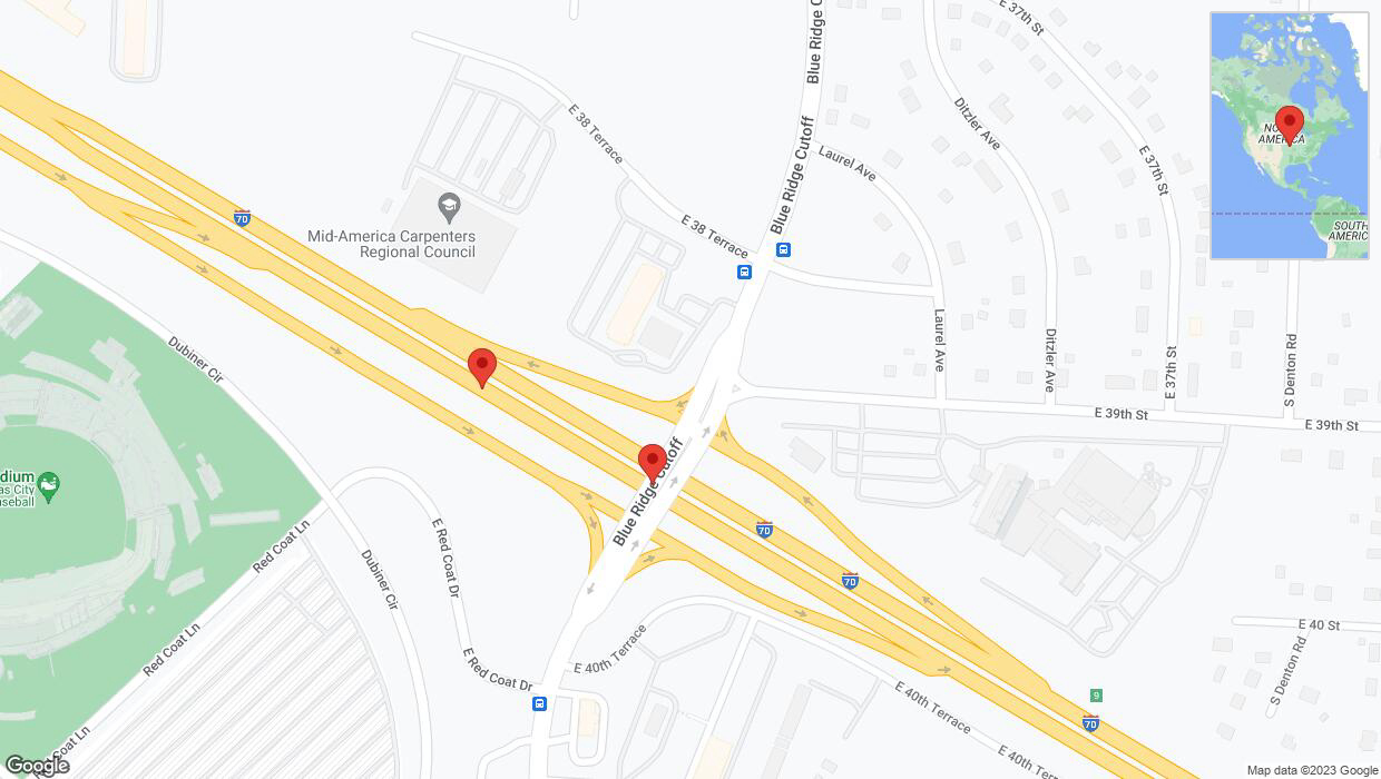 A detailed map that shows the affected road due to 'Broken down vehicle on eastbound I-70 in Kansas City' on December 6th at 7:52 p.m.