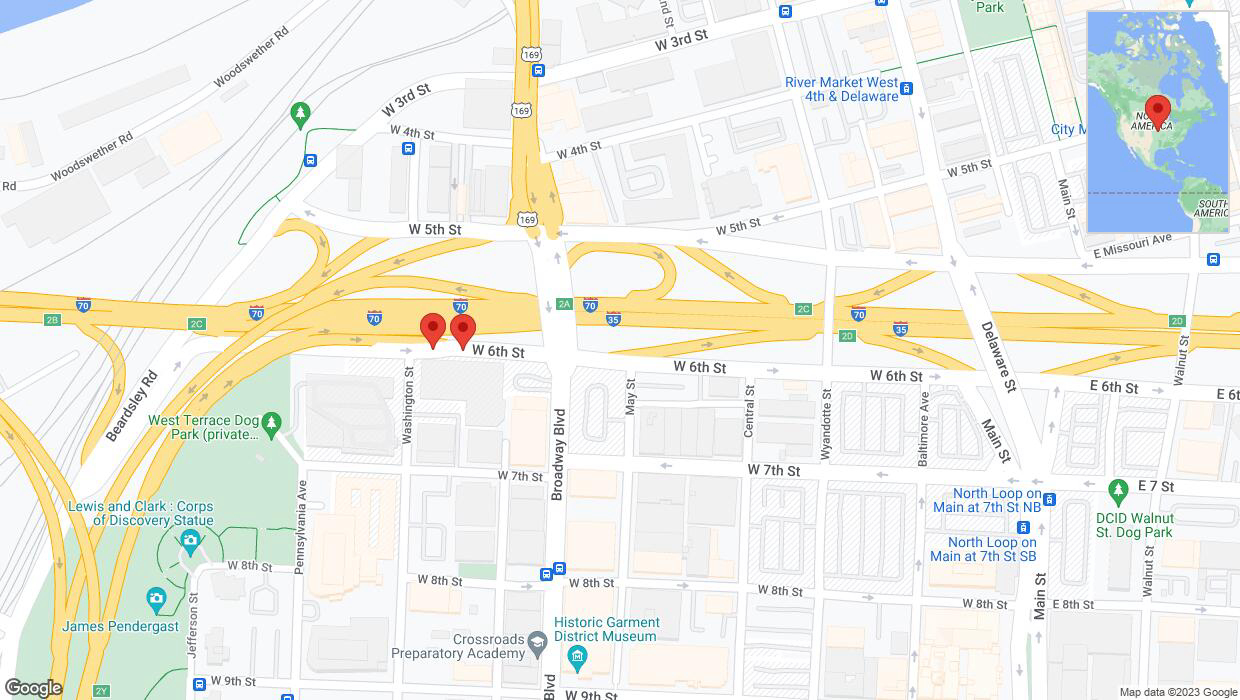A detailed map that shows the affected road due to 'Broken down vehicle on northbound US-169 North in Kansas City' on December 6th at 7:46 p.m.