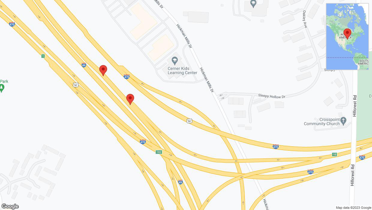 A detailed map that shows the affected road due to 'Broken down vehicle on northbound I-40/US-71 in Kansas City' on December 6th at 11:34 p.m.