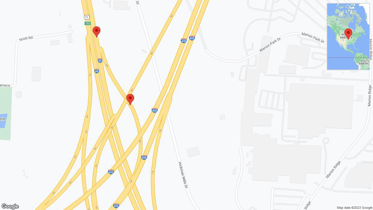 A detailed map that shows the affected road due to 'Warning in Kansas City: Crash reported on Hickman Mills Drive' on December 8th at 1:48 p.m.