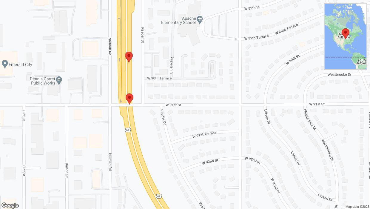 A detailed map that shows the affected road due to 'Crash reported on northbound US-69 in Overland Park' on December 7th at 2:24 p.m.