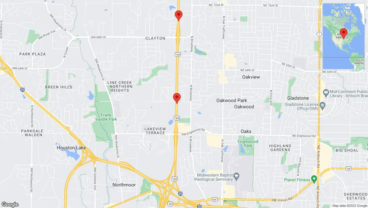 A detailed map that shows the affected road due to 'Crash reported on northbound US-169 in Kansas City' on December 7th at 3:18 p.m.