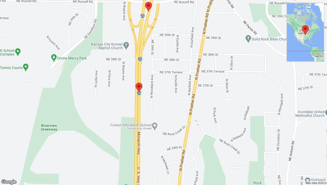 A detailed map that shows the affected road due to 'Broken down vehicle on northbound I-29/I-35 in Kansas City' on December 7th at 2:42 p.m.
