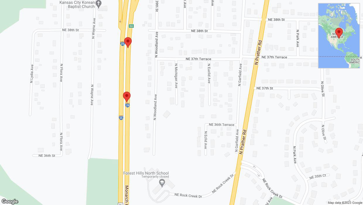 A detailed map that shows the affected road due to 'Broken down vehicle on northbound I-29/I-35 in Kansas City' on December 7th at 4:06 p.m.