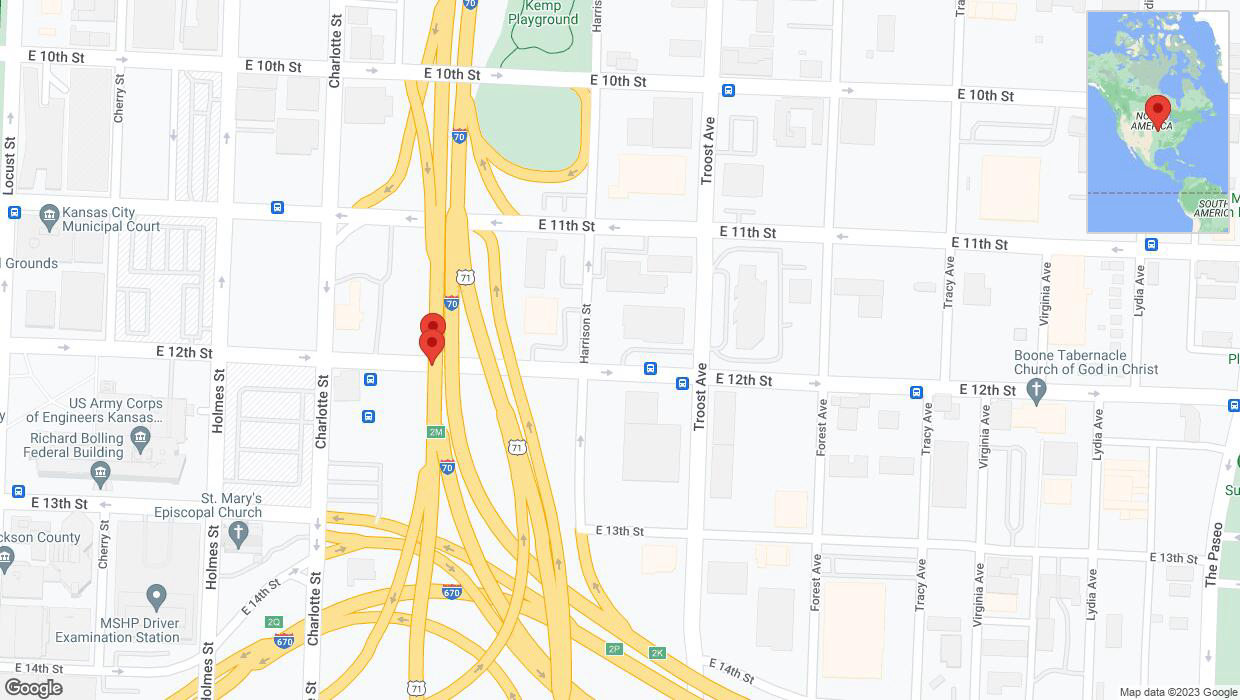 A detailed map that shows the affected road due to 'Broken down vehicle on southbound US-71 South in Kansas City' on December 7th at 4:12 p.m.
