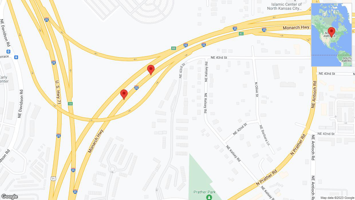 A detailed map that shows the affected road due to 'Warning in Kansas City: Crash reported on northbound I-35 North' on December 7th at 5:48 p.m.