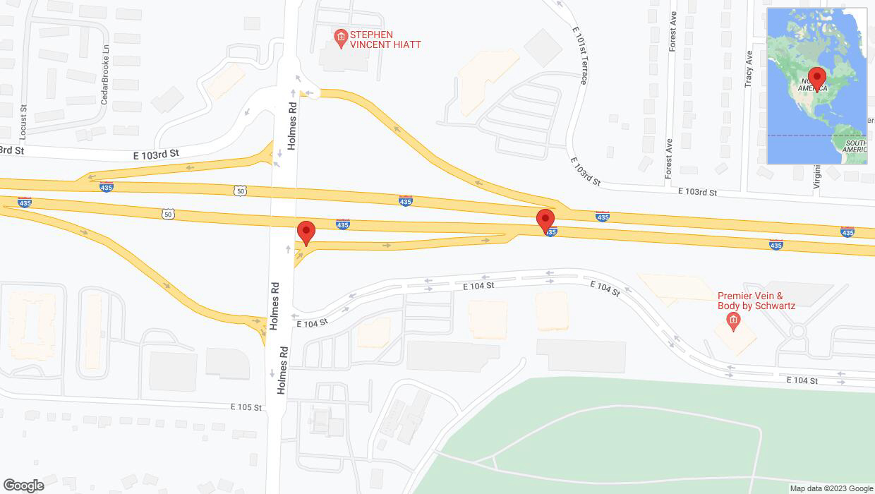 A detailed map that shows the affected road due to 'Broken down vehicle on Holmes Road in Kansas City' on December 7th at 6:06 p.m.