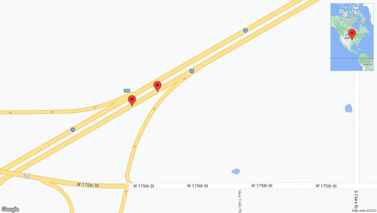 A detailed map that shows the affected road due to 'Crash reported on eastbound I-35 in Gardner' on December 7th at 7:30 p.m.