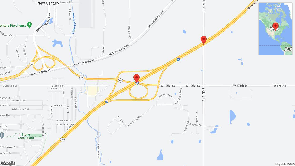 A detailed map that shows the affected road due to 'Warning: Crash on eastbound I-35 in Gardner' on December 7th at 6:42 p.m.