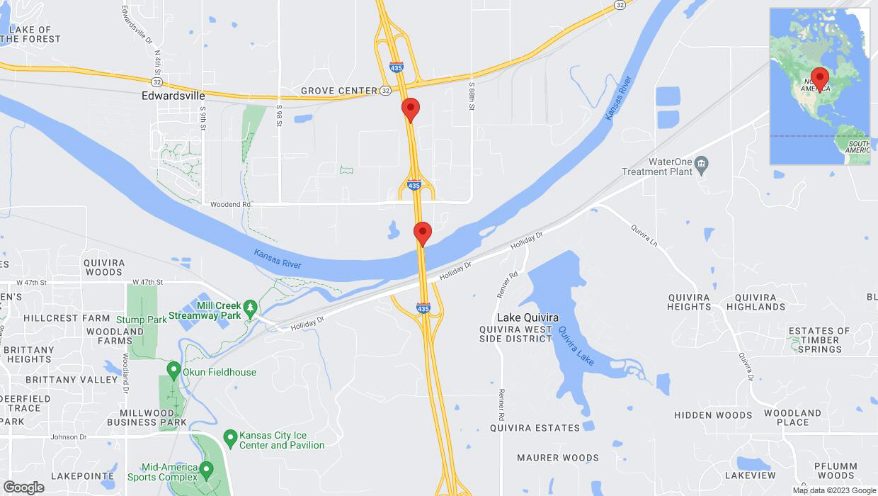 A detailed map that shows the affected road due to 'Crash reported on northbound I-435 in Edwardsville' on December 7th at 6:42 p.m.