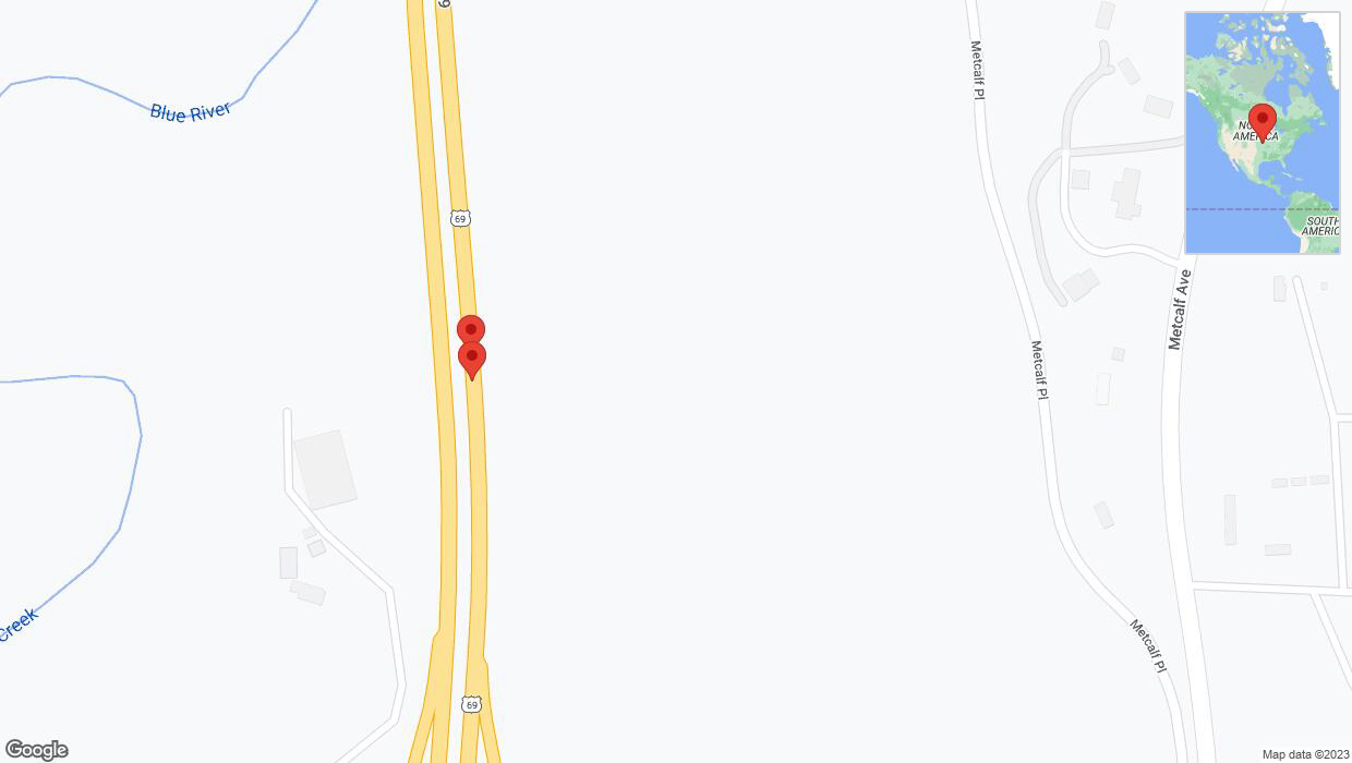 A detailed map that shows the affected road due to 'Broken down vehicle on northbound US-69 in Overland Park' on December 7th at 9:30 p.m.