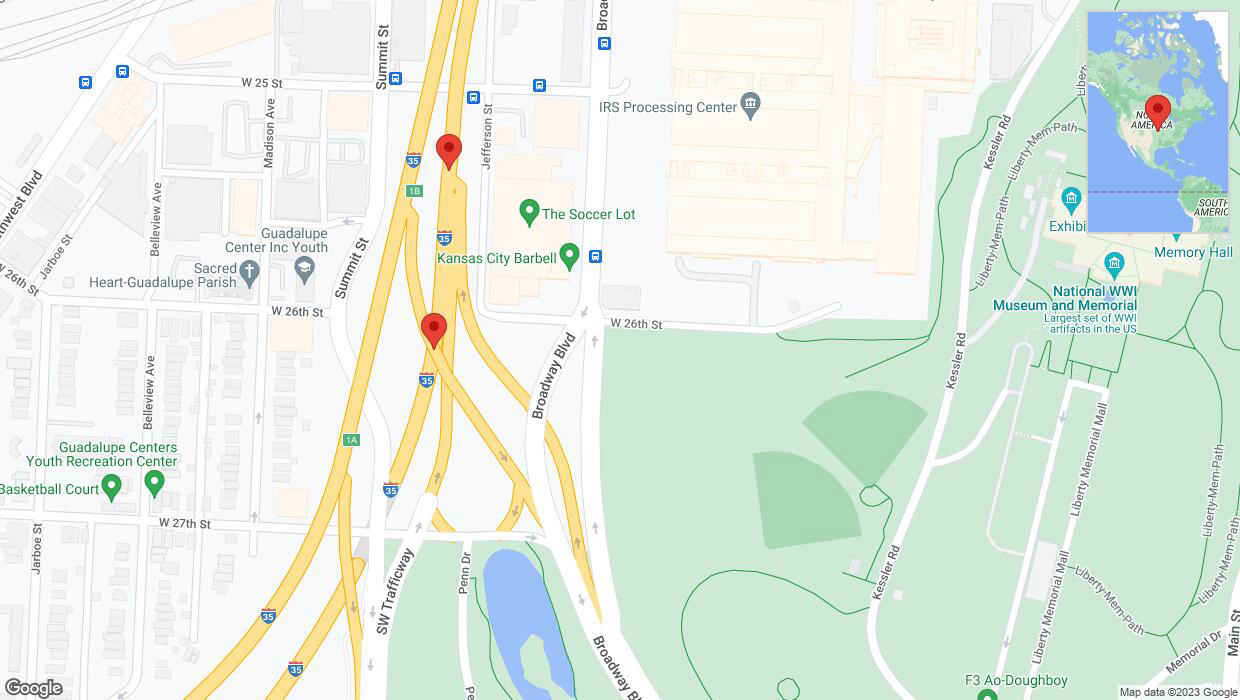 A detailed map that shows the affected road due to 'Broken down vehicle on northbound I-35 in Kansas City' on December 7th at 9:54 p.m.