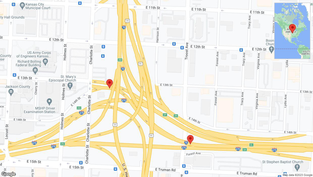A detailed map that shows the affected road due to 'Charlotte Street temporarily closed in Kansas City' on December 7th at 11:24 p.m.