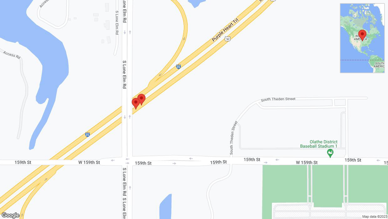 A detailed map that shows the affected road due to 'Broken down vehicle on eastbound I-35 in Olathe' on December 8th at 2:13 p.m.