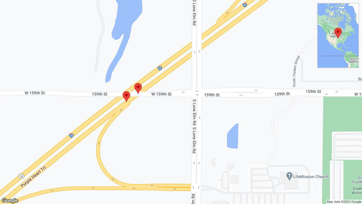 A detailed map that shows the affected road due to 'Broken down vehicle on eastbound I-35 in Olathe' on December 8th at 2:25 p.m.