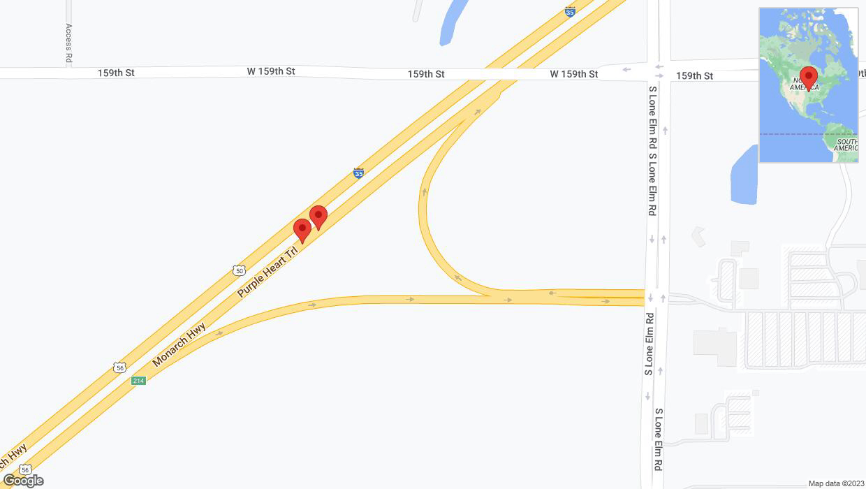 A detailed map that shows the affected road due to 'Broken down vehicle on eastbound I-35 in Olathe' on December 8th at 2:37 p.m.