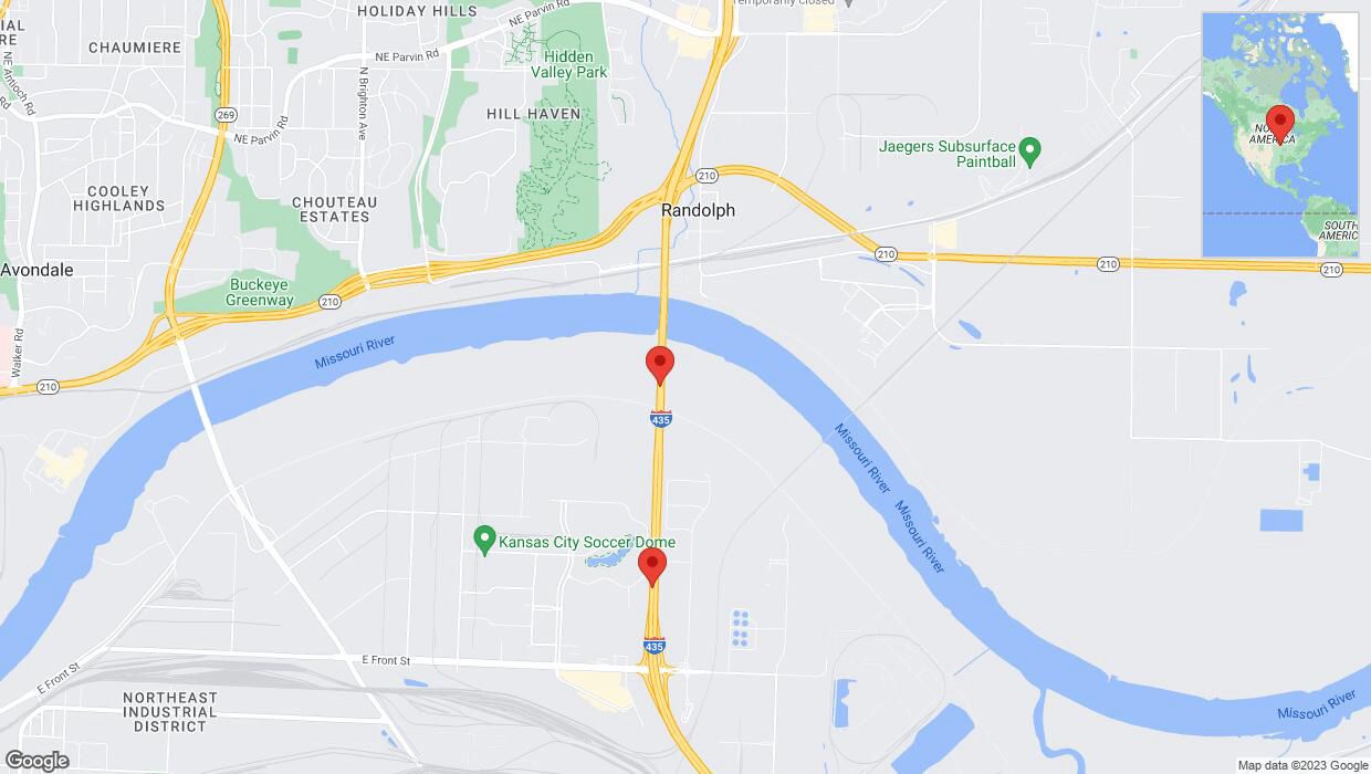 A detailed map that shows the affected road due to 'Warning in Kansas City: Crash reported on southbound I-435' on December 8th at 3:53 p.m.