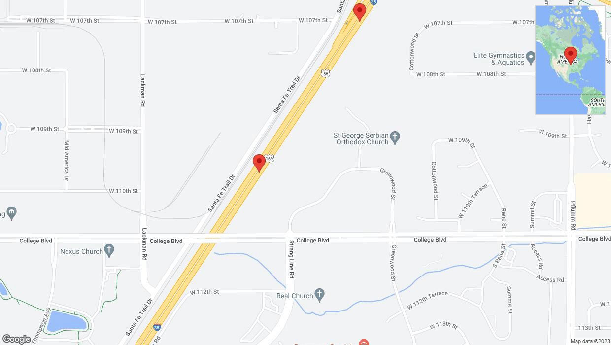A detailed map that shows the affected road due to 'Broken down vehicle on eastbound I-35 in Lenexa' on December 8th at 4:17 p.m.