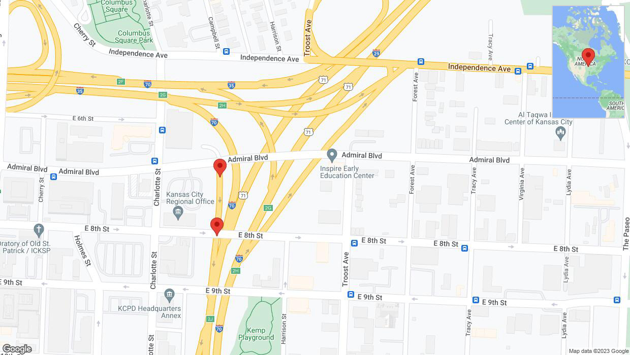 A detailed map that shows the affected road due to 'Broken down vehicle on Admiral Boulevard in Kansas City' on December 8th at 5:05 p.m.
