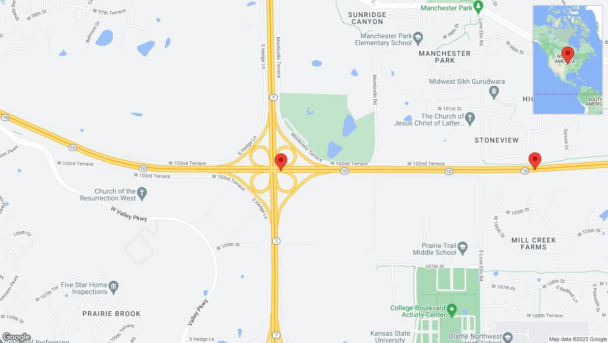 A detailed map that shows the affected road due to 'Warning in Lenexa: Crash reported on eastbound K-10' on December 8th at 5:39 p.m.