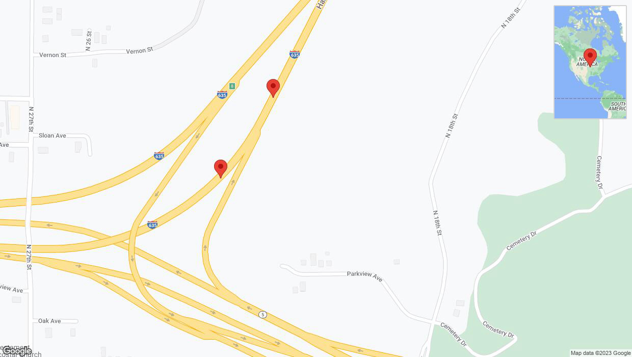 A detailed map that shows the affected road due to 'Broken down vehicle on northbound I-635 in Kansas City' on December 8th at 6:22 p.m.