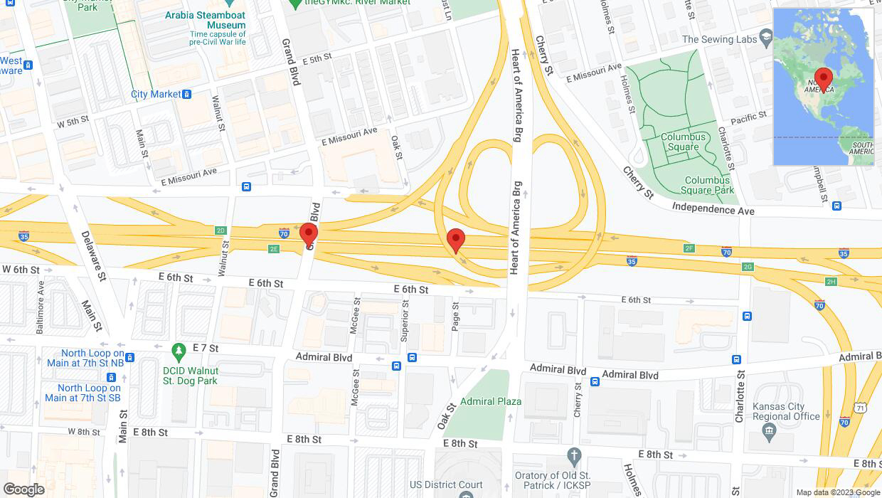 A detailed map that shows the affected road due to 'Broken down vehicle on eastbound I-70/I-35 in Kansas City' on December 8th at 10:29 p.m.