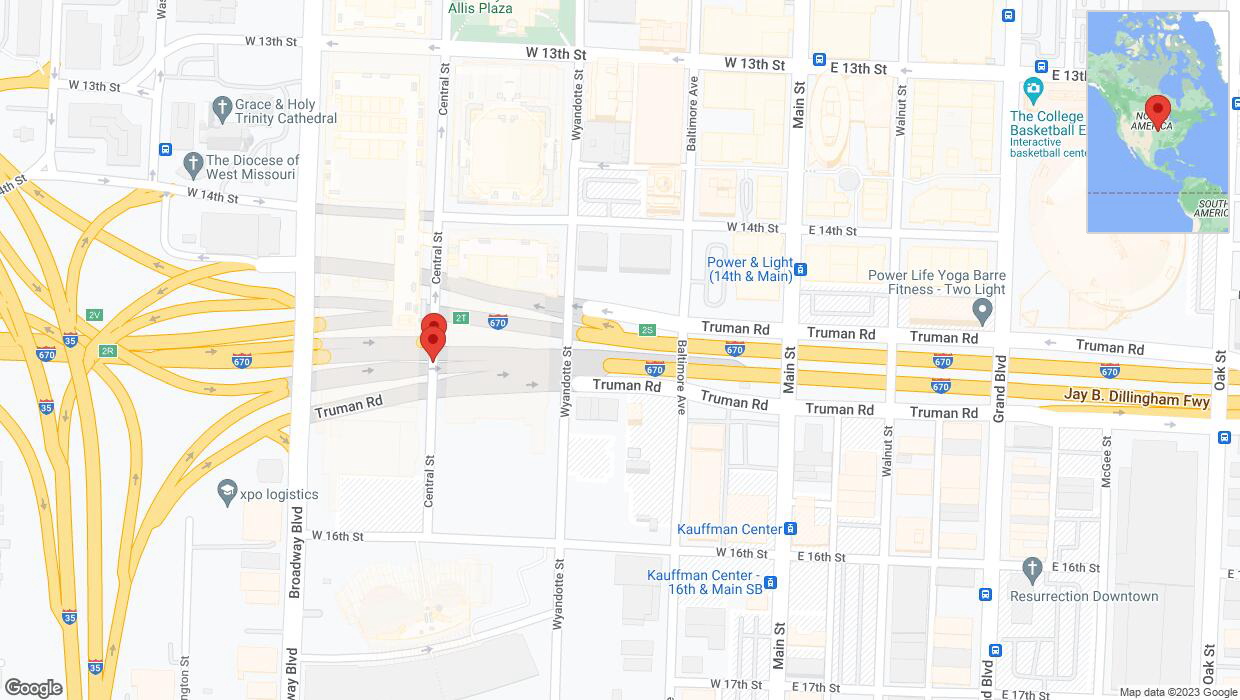 A detailed map that shows the affected road due to 'Broken down vehicle on Central Street in Kansas City' on December 9th at 3:21 p.m.