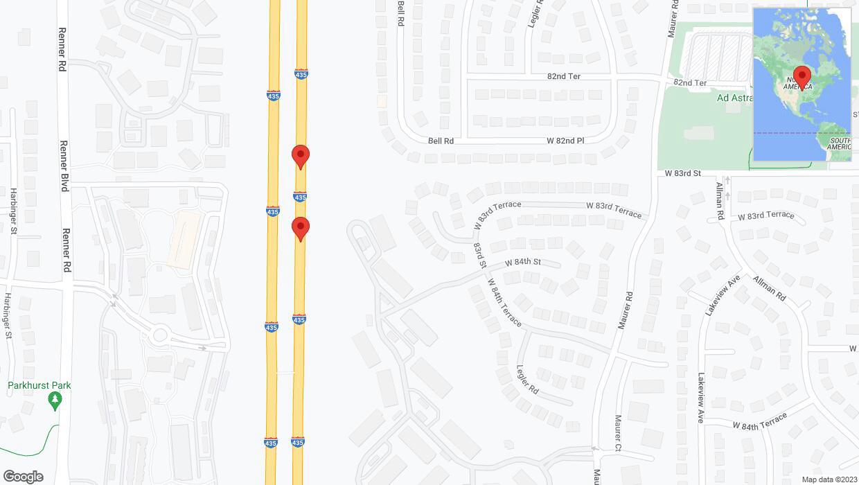 A detailed map that shows the affected road due to 'Broken down vehicle on northbound I-435 in Lenexa' on December 9th at 8:49 p.m.