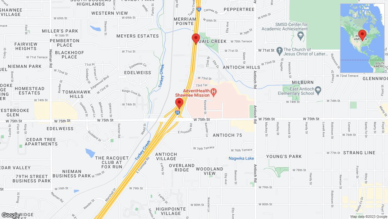 A detailed map that shows the affected road due to 'Broken down vehicle on eastbound I-35 in Merriam' on December 10th at 5:10 p.m.