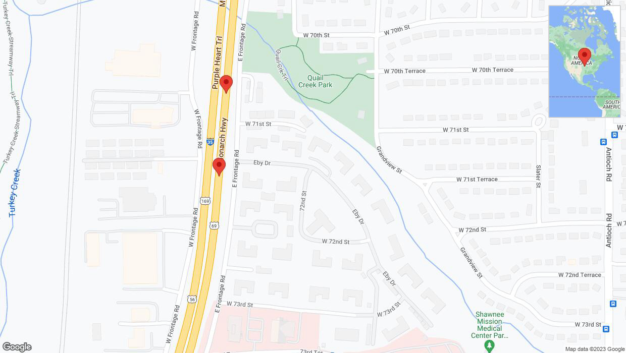 A detailed map that shows the affected road due to 'Broken down vehicle on eastbound I-35 in Merriam' on December 10th at 6:04 p.m.